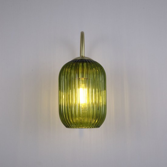 Satin Brass Wall Lamp with Green Ribbed Glass