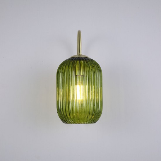 Satin Brass Wall Lamp with Green Ribbed Glass