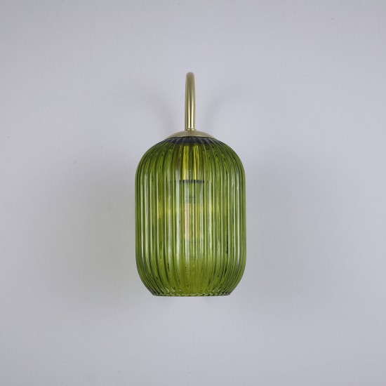 Satin Brass Wall Lamp with Green Ribbed Glass