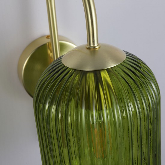 Satin Brass Wall Lamp with Green Ribbed Glass