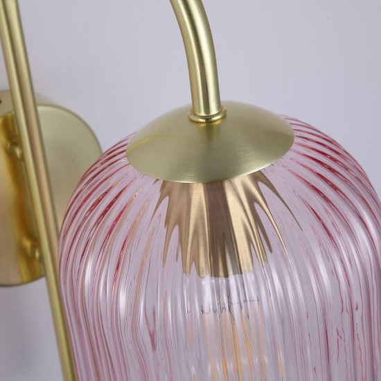 Satin Brass Wall Lamp with Pink Ribbed Glass