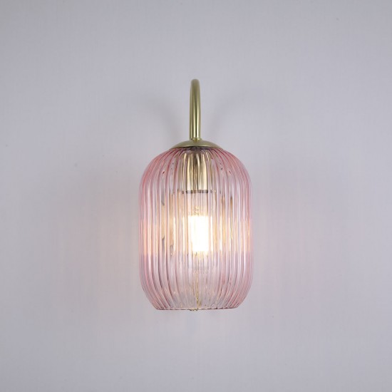 Satin Brass Wall Lamp with Pink Ribbed Glass