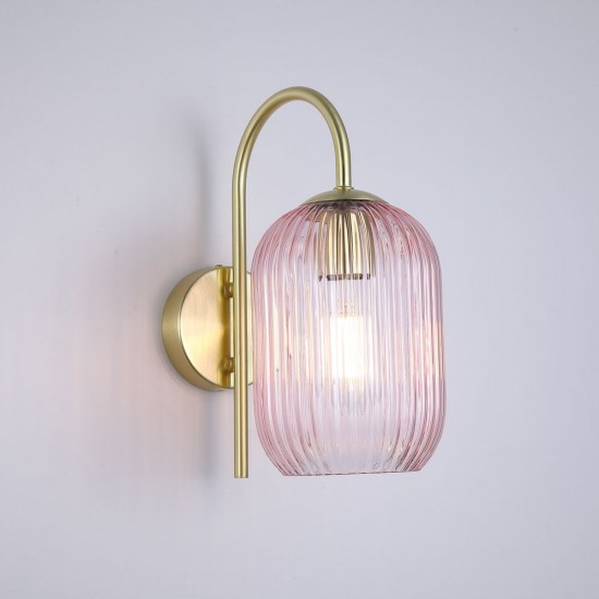 Satin Brass Wall Lamp with Pink Ribbed Glass