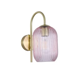 Satin Brass Wall Lamp with Pink Ribbed Glass Satin Brass Wall Lamp with Pink Ribbed Glass