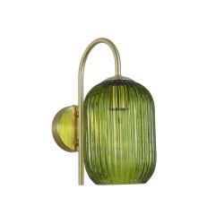 Satin Brass Wall Lamp with Green Ribbed Glass Satin Brass Wall Lamp with Green Ribbed Glass