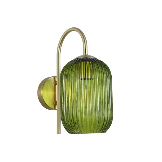 Satin Brass Wall Lamp with Green Ribbed Glass