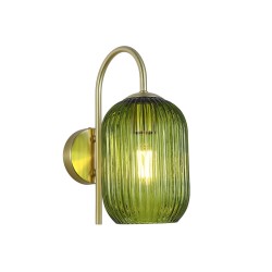 Satin Brass Wall Lamp with Green Ribbed Glass