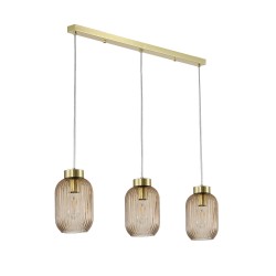 Satin Brass 3 Light over Island Fitting with Amber Ribbed Small Glass Satin Brass 3 Light over Island Fitting with Amber Ribbed Small Glass