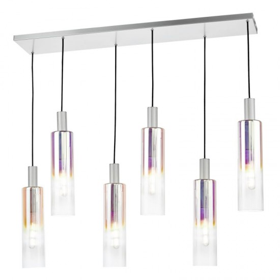 73209-003 Satin Silver 6 Light over Island Fitting with Ribbed Multicolour Glasses