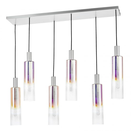 73209-003 Satin Silver 6 Light over Island Fitting with Ribbed Multicolour Glasses