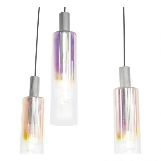 73209-003 Satin Silver 6 Light over Island Fitting with Ribbed Multicolour Glasses