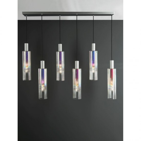 73209-003 Satin Silver 6 Light over Island Fitting with Ribbed Multicolour Glasses