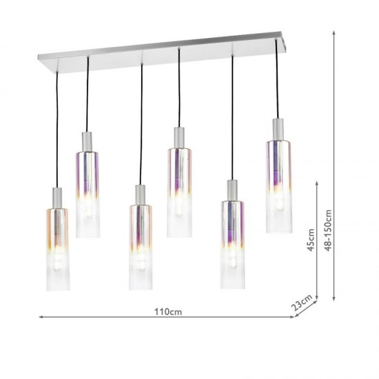 73209-003 Satin Silver 6 Light over Island Fitting with Ribbed Multicolour Glasses