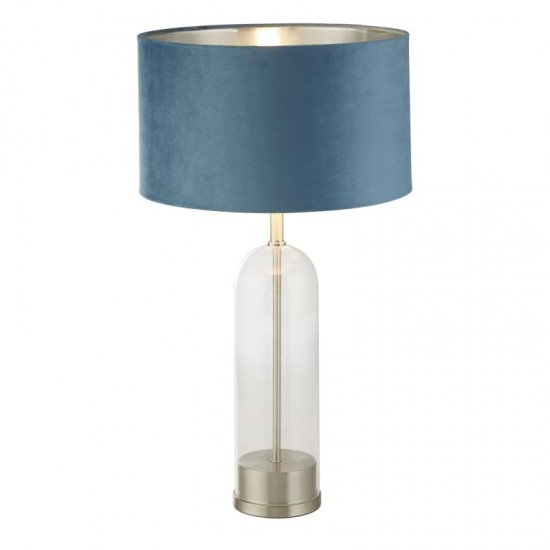 72148-006 Satin Nickel & Clear Glass Table Lamp with Teal Velvet Shade