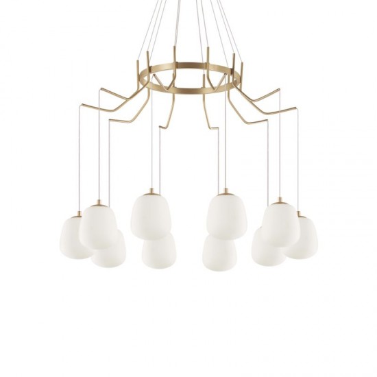 56395-007 Satin Brass 10 Light Centre Fitting with White Glasses