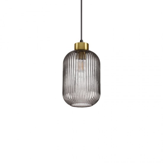 60045-007 Satin Brass Pendant with Smoky Ribbed Glass