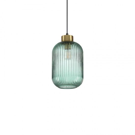 60046-007 Satin Brass Pendant with Green Ribbed Glass