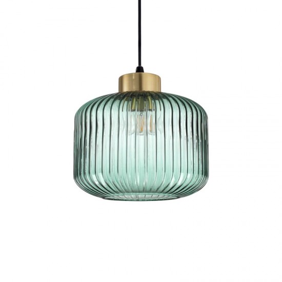 60048-007 Satin Brass Pendant with Green Ribbed Glass