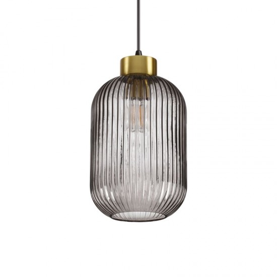 60049-007 Satin Brass Pendant with Smoky Ribbed Glass