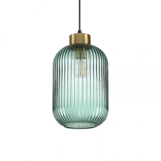 60050-007 Satin Brass Pendant with Green Ribbed Glass