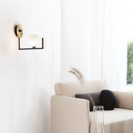 65110-007 Black & Brass Wall Lamp with White Glass