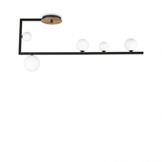 65111-007 Black & Brass 5 Light Semi Flush with White Glasses