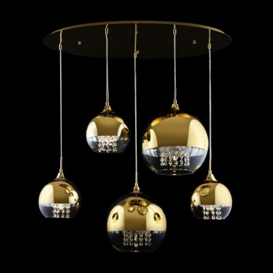 62527-045 Matt Gold 5 Light Cluster with Clear & Gold Glass with Crystal