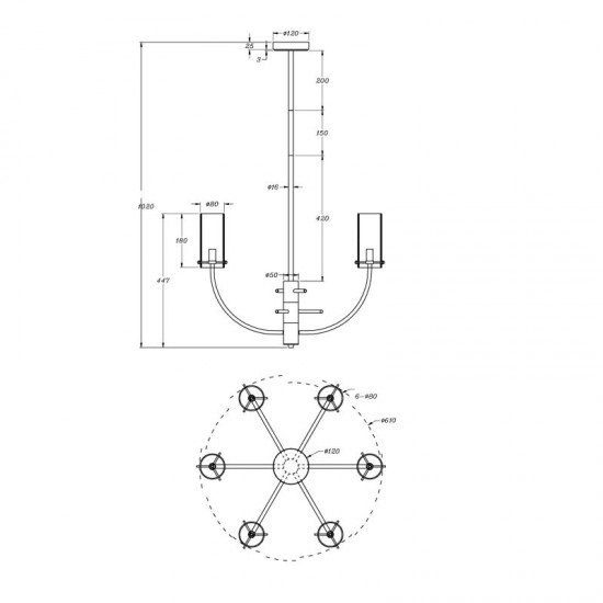 65545-045 Brass 6 Light Centre Fitting with Ribbed Glass