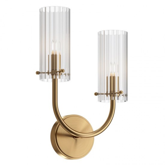 65546-045 Brass 2 Light Wall Lamp with Ribbed Glasses