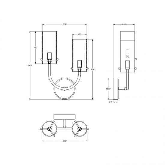 65546-045 Brass 2 Light Wall Lamp with Ribbed Glasses