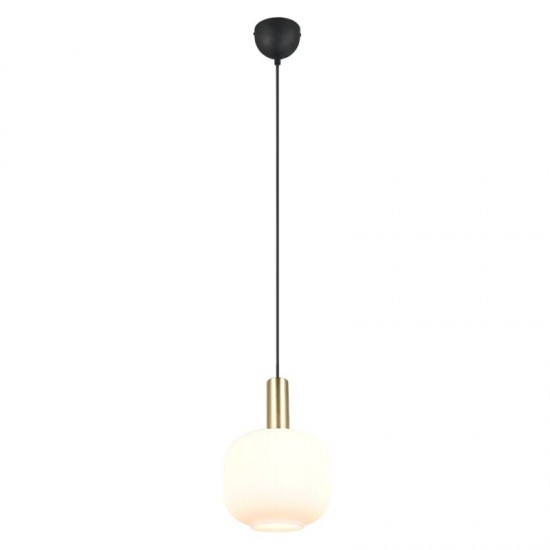 77377-049 Black & Matt Brass Pendant with Ribbed White Glass