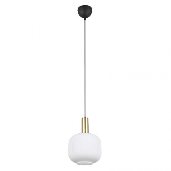 77377-049 Black & Matt Brass Pendant with Ribbed White Glass