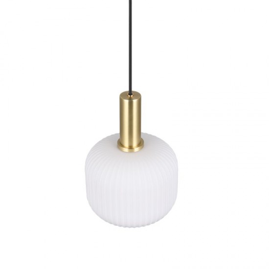77377-049 Black & Matt Brass Pendant with Ribbed White Glass