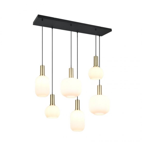 77379-049 Black & Matt Brass 6 Light over Island Fitting with Ribbed White Glass