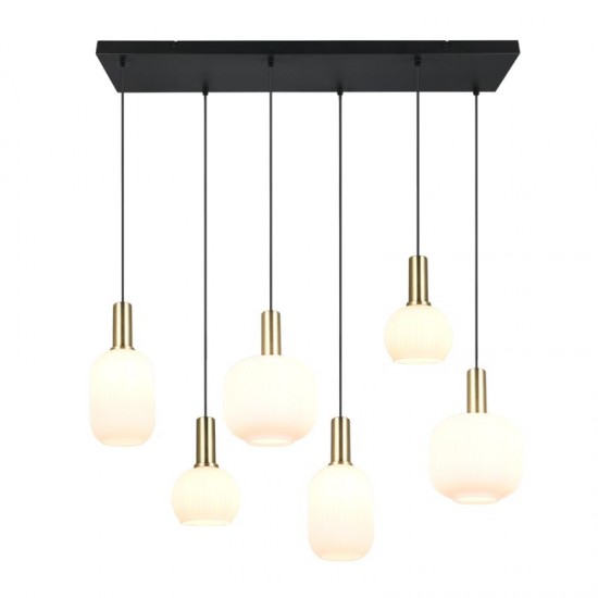 77379-049 Black & Matt Brass 6 Light over Island Fitting with Ribbed White Glass