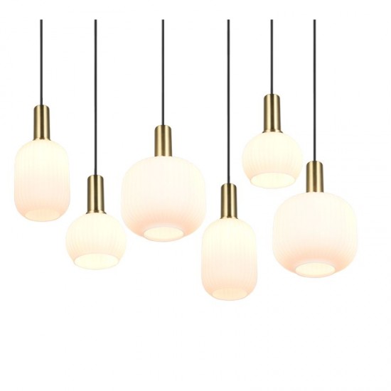 77379-049 Black & Matt Brass 6 Light over Island Fitting with Ribbed White Glass