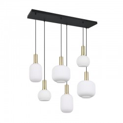77379-049 Black & Matt Brass 6 Light over Island Fitting with Ribbed White Glass
