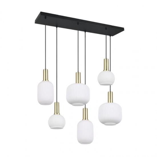 77379-049 Black & Matt Brass 6 Light over Island Fitting with Ribbed White Glass