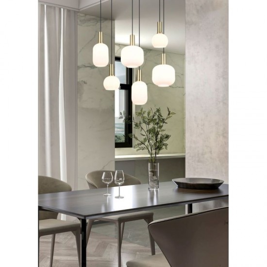 77379-049 Black & Matt Brass 6 Light over Island Fitting with Ribbed White Glass