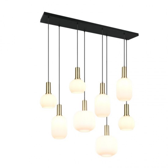 77371-049 Black & Matt Brass 8 Light over Island Fitting with Ribbed White Glass