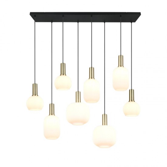 77371-049 Black & Matt Brass 8 Light over Island Fitting with Ribbed White Glass