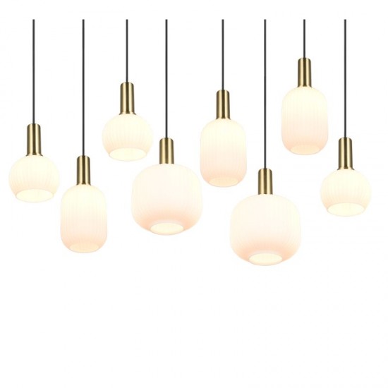 77371-049 Black & Matt Brass 8 Light over Island Fitting with Ribbed White Glass