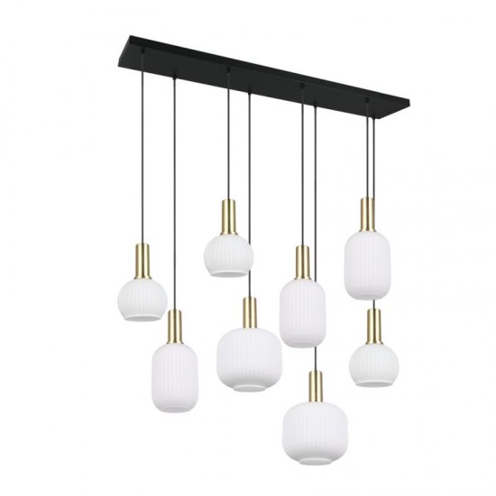 77371-049 Black & Matt Brass 8 Light over Island Fitting with Ribbed White Glass