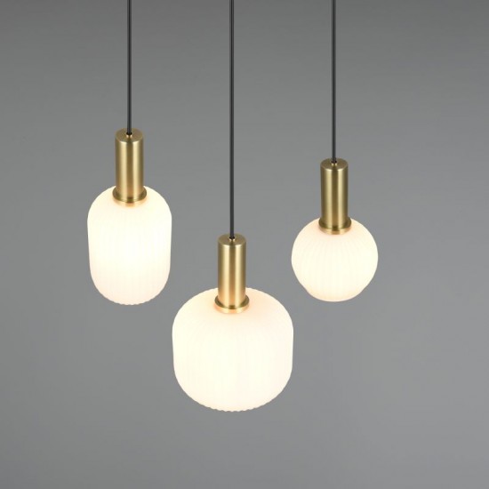 77373-049 Black & Matt Brass 3 Light Cluster Pendant with Ribbed White Glass