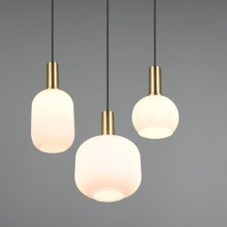 77373-049 Black & Matt Brass 3 Light Cluster Pendant with Ribbed White Glass