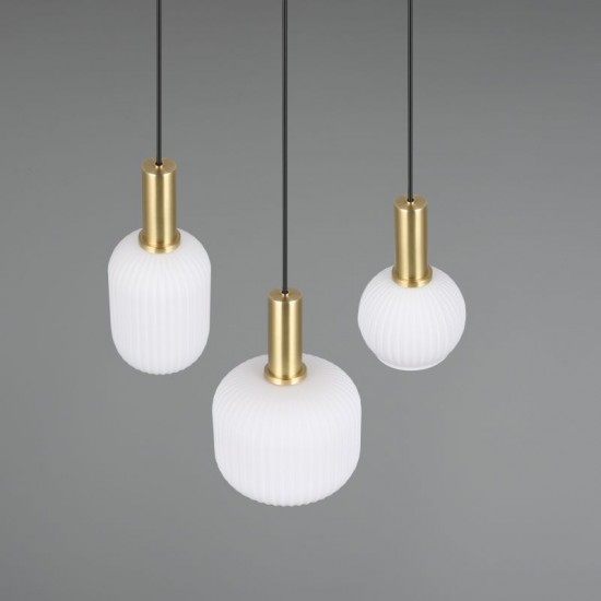 77373-049 Black & Matt Brass 3 Light Cluster Pendant with Ribbed White Glass