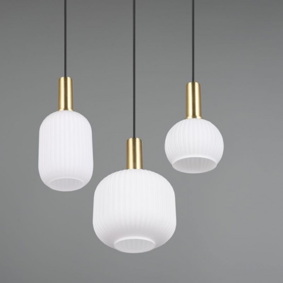 77373-049 Black & Matt Brass 3 Light Cluster Pendant with Ribbed White Glass
