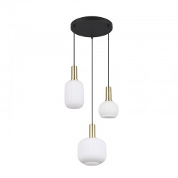 77373-049 Black & Matt Brass 3 Light Cluster Pendant with Ribbed White Glass