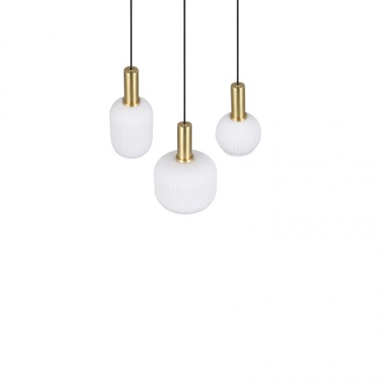 77373-049 Black & Matt Brass 3 Light Cluster Pendant with Ribbed White Glass
