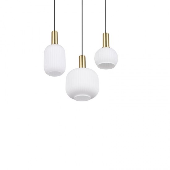 77373-049 Black & Matt Brass 3 Light Cluster Pendant with Ribbed White Glass
